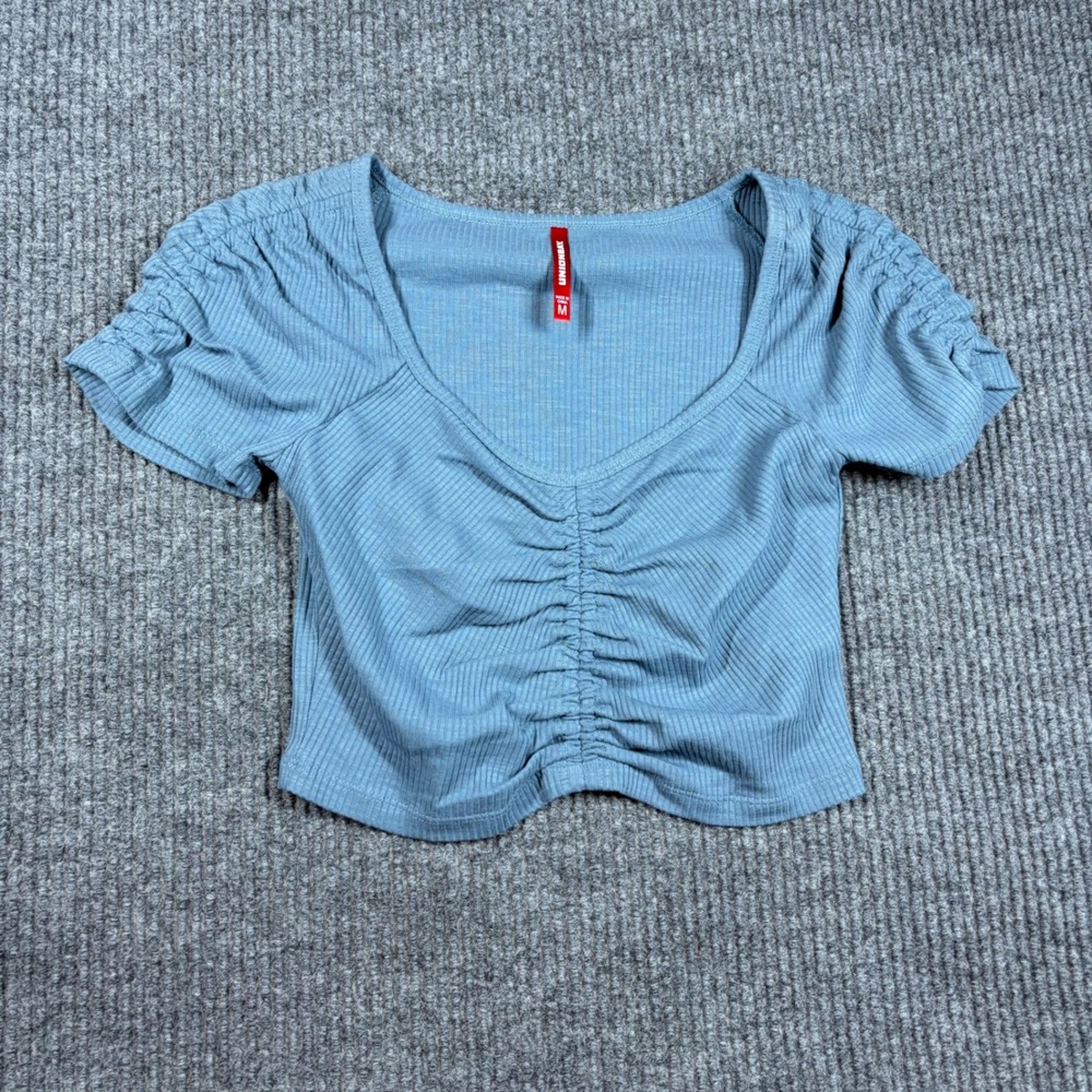 Unionbay Shirt Womens M Blue Ribbed Ruched Front Crop Top Short Sleeve‎ V-Neck
